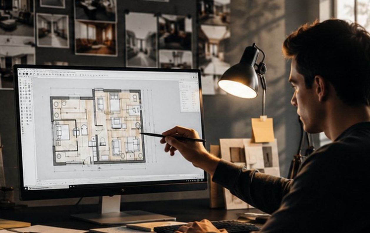 A Sysmatics drafter reviewing a technical drawing on screen
